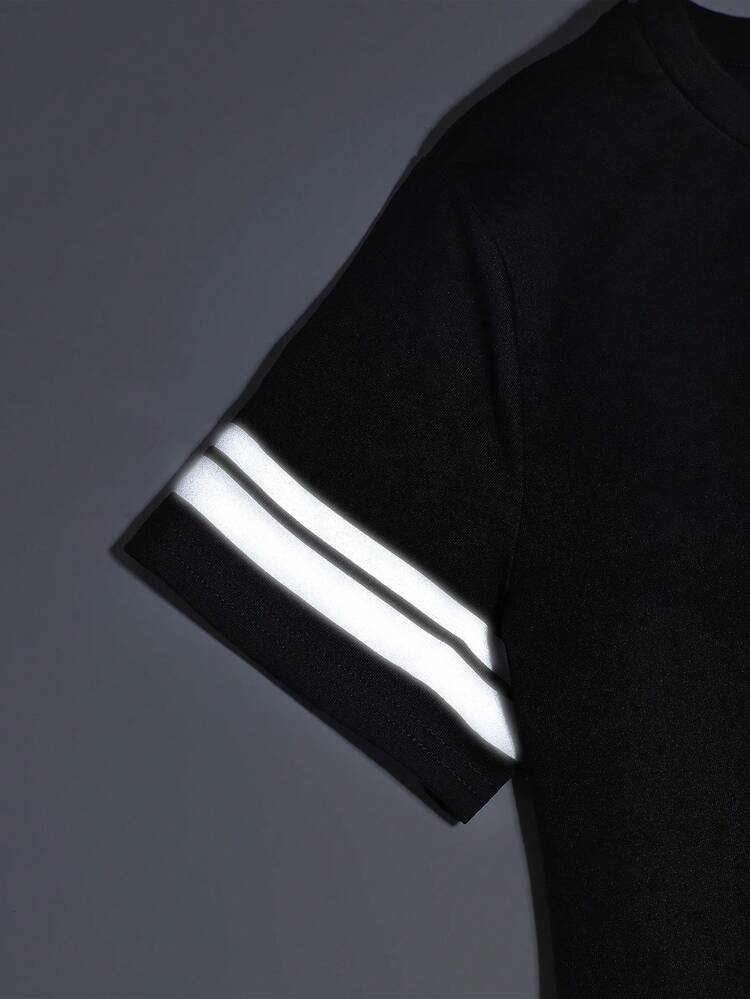 Tween Boy Knitted Solid Color Reflective Letter Pattern Short Sleeve T-Shirt With Slanted Pocket And Drawstring Shorts 2pcs/Set