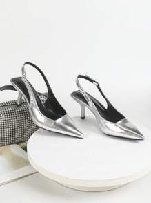 秋冬女士黑色高跟玛丽珍鞋，正式场合猫跟一脚蹬漆皮鞋，情人节、优雅、派对必备 - 銀色 - 查看 5