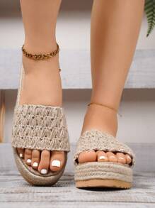女士亞麻坡跟厚底鞋,度假風格漁夫拖鞋 - 卡其色 - 查看 3