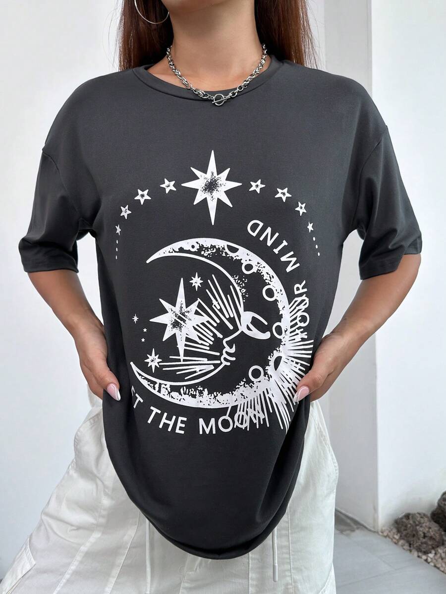 SHEIN Unity Star & Moon Pattern Oversized Round Neck Short Sleeve T-Shirt, Perfect For Summer Casual Wear - Grey - View 1