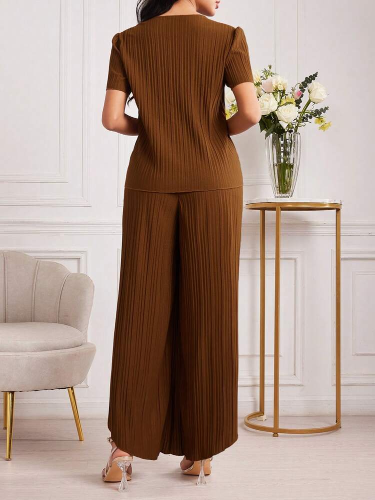 Summer Casual Round Neck Short Sleeve Top And Wide Leg Pants With Textured Fabric 2 Piece Set