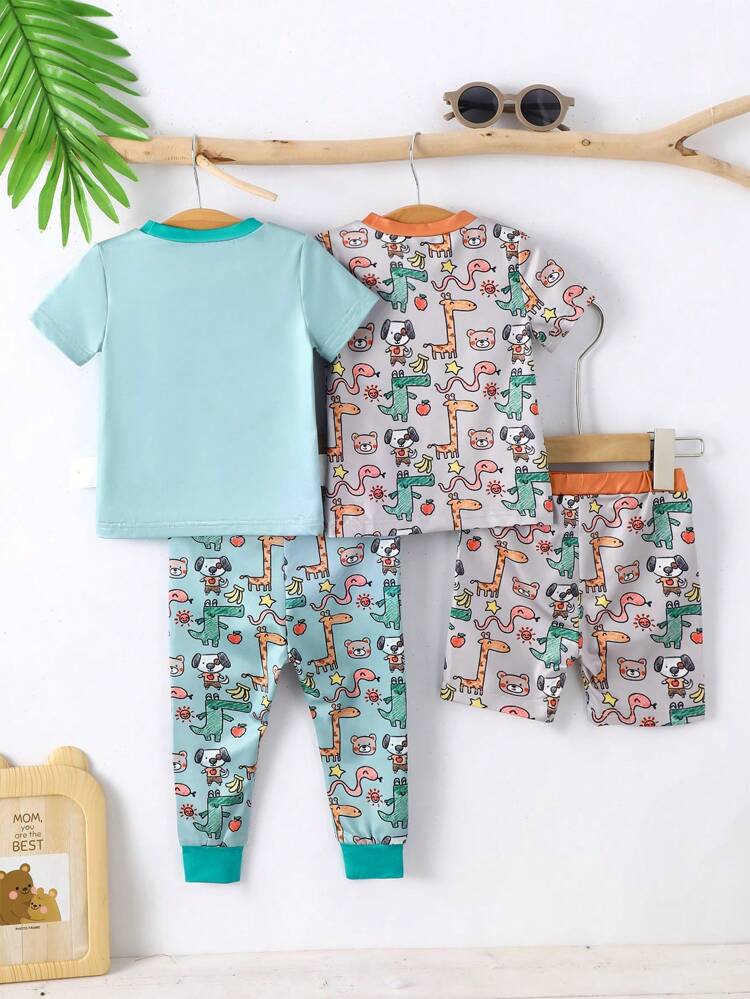 Baby Boy's Cute Knitted Digitial Printing Animal Patchwork Short Sleeve Top With Shorts And Short Sleeve Top With Digital Print And Long Pants Homewear Four-Piece Set