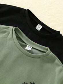 Tween Boys' Holiday Style Printed Round Neck Short Sleeve Tee 2 Colors + Solid Color Knitted Pants 3pcs/Set - Multicolor - View 4