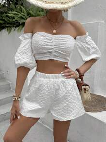 Breezaya Weiße, sexy Karomuster Off-Shoulder Crop Top mit Kurzärmeln und Shorts, 2 Stücke Damen Sommer Outfit