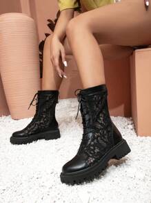 秋冬女士蕾丝镂空网眼靴，粗跟厚底，黑色，夏季