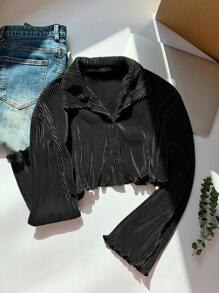 Comfortcana Women's Spring/Summer Solid Color Pleated Long Sleeve Cropped Shirt,Long Sleeve Tops