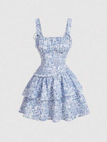 SHEIN MOD 瓷器印花斜腰浪漫假日连衣裙