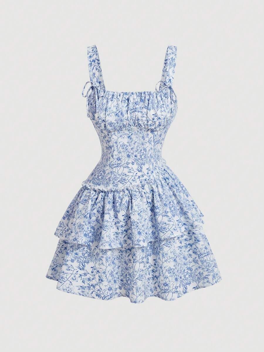 SHEIN MOD Váy ngày lễ lãng mạn in họa tiết sứ xẻ eo - Xanh và trắng - Xem 1