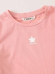 SHEIN Leap Crew Conjunto de niñas camiseta de lado de rayas con shorts de cuadros - Rosa - Ver 4