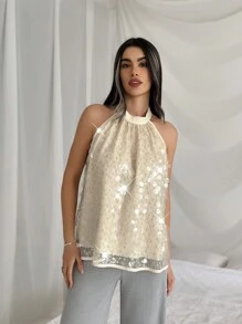 SHEIN Privé Sleeveless Shirt With Sparkling Embroidery Detail And Pleated Design - Apricot - View 5