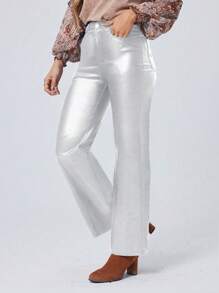 SHEIN MOOSTA Women Silver Coated Pocket Relaxed Straight Leg Casual Pants