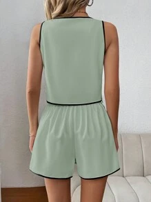 SHEIN Clasi Women's Color Block Edged Sleeveless Top And Shorts Two Pieces Set For Summer