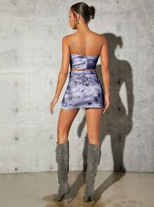 SHEIN BAE Women's Fashionable Tie Dye Waist Belted Bodycon Skirt - Blue - View 2