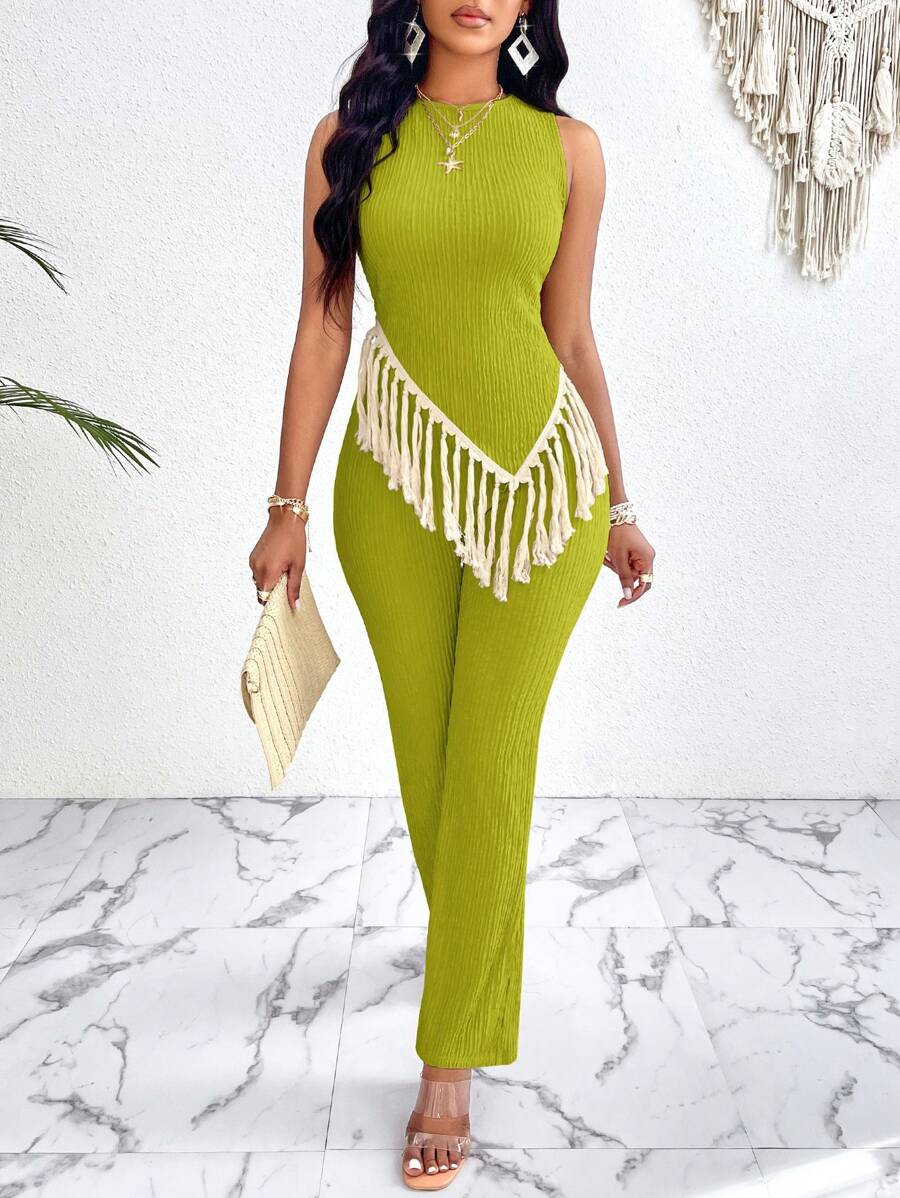 VaVaBold 不對稱下擺,襯衫配直條紋布料套裝 - 綠色 - 查看 1