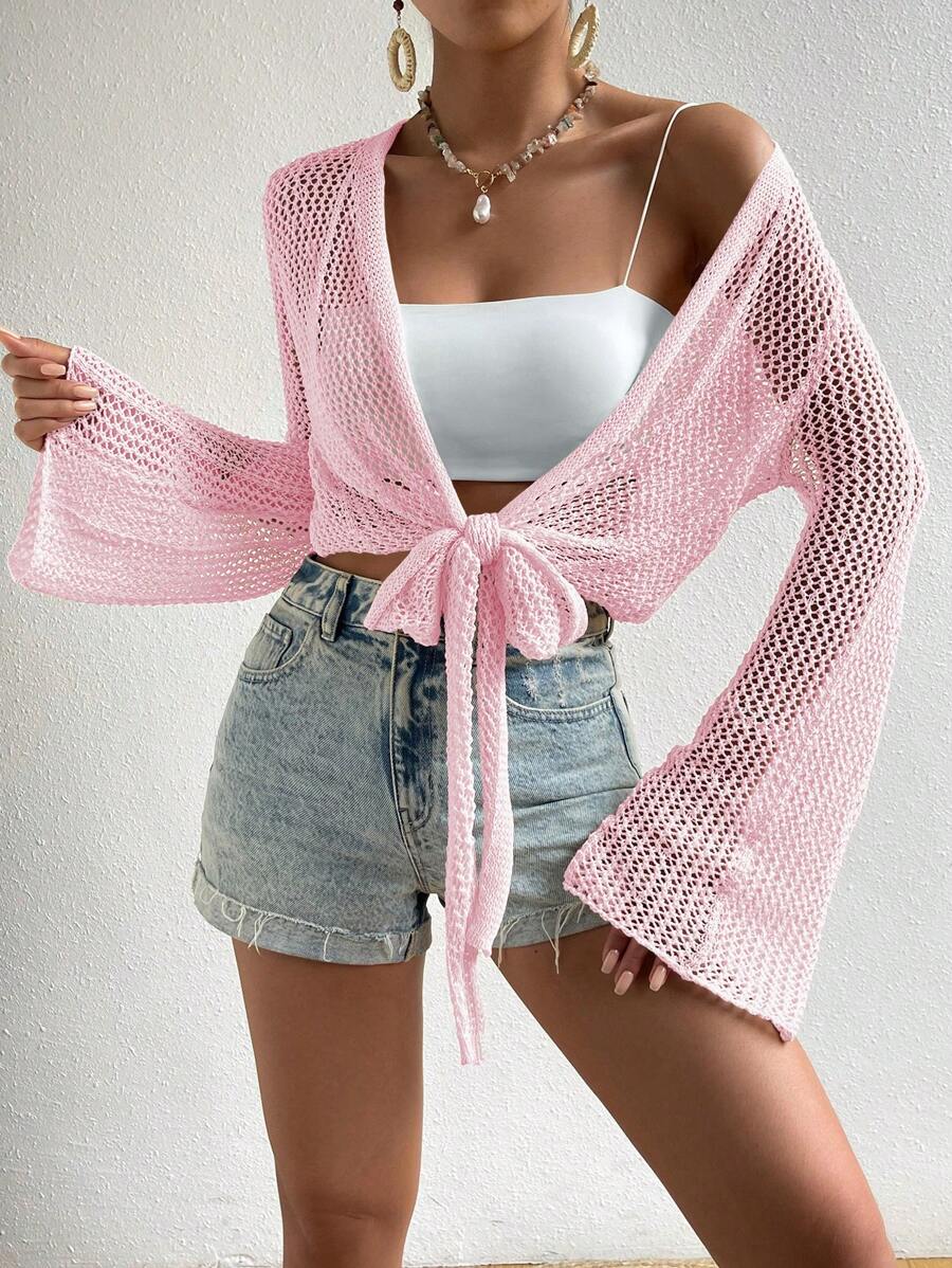 SHEIN Essnce Women's Solid Color Hollow Out Fashion Kimono Cover-Up Summer - Pink - View 1