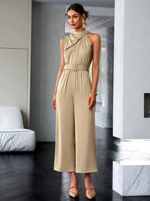 Sollinarry Women's Fashionable Solid Color Wide-Leg Jumpsuit - Khaki - View 1
