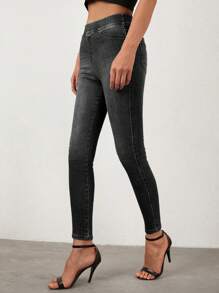 High Waisted Skinny Denim Jeans - Light Grey - View 2