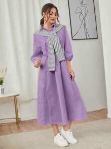 Seusyu 女士圓筒袖腰間束繩休閒洋裝,適用於春夏季節 - 紫色 - 查看 4