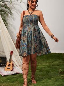 SHEIN VCAY 大尺碼全印花收縮露肩連身裙 - 彩色 - 查看 4