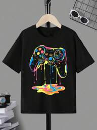 SHEIN Tween Boy Casual Minimalist Video Game Graphic Round Neck Short Sleeve T-Shirt, Cotton Blend, Suitable For Summer