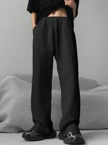 男士时尚休闲宽松提花开衩直筒裤 - 黑色 - 查看 6