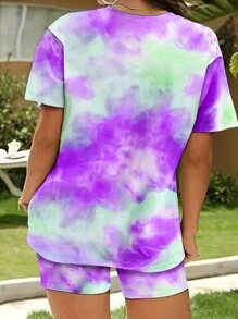 INAWLY Kích thước lớn Của phụ nữ Mùa hè Nhuộm buộc In Vòng cổ Ngắn tay Giải trí Áo thun Và Bộ quần short - Màu tím - Xem 2