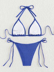 Swim Chiccia Summer Beach Women's Solid Color Simple Triangle Halter Neck Bra And Tie Side Bikini Set Bottom Two Pieces Bikini Set - Royal Blue - View 3