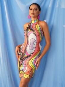 POLLEN X BEE 设计师款露背全印花夏季连衣裙、节日、派对、新年夜服装、情人节 - 彩色 - 查看 8