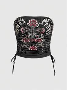 ROMWE Goth In hoa Pha lê Nghệ Embellished Áo không dây Với dây rút Đối với phụ nữ - Xám - Xem 1