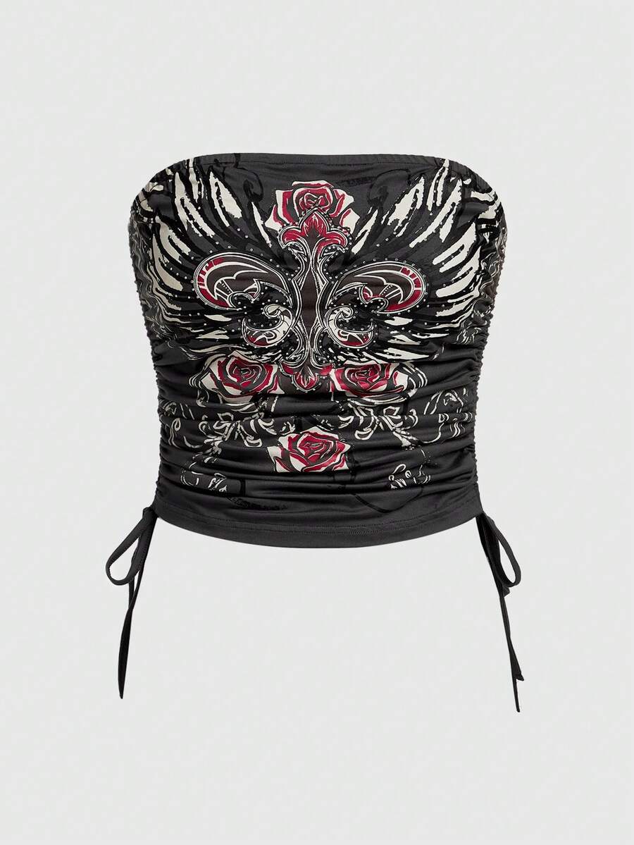 ROMWE Goth In hoa Pha lê Nghệ Embellished Áo không dây Với dây rút Đối với phụ nữ - Xám - Xem 1