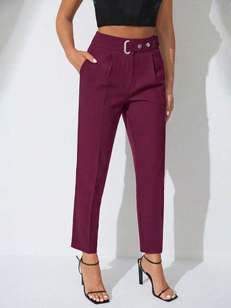 SHEIN Cottnline Belted Long Pants With Side Pockets - Burgundy - View 1
