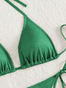 SHEIN Swim 夏季海灘頸後三角軟盤比基尼雙件套裝 - 綠色 - 查看 5