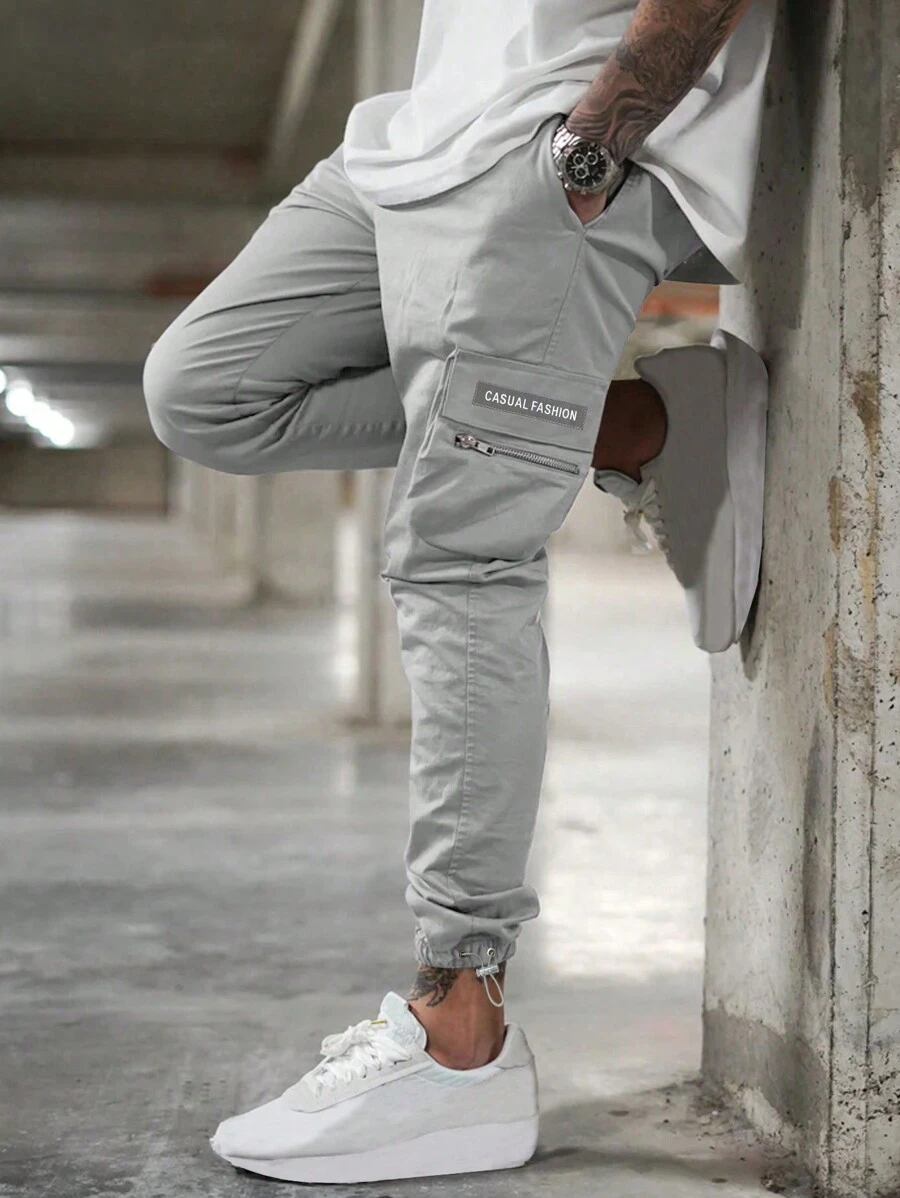 Manfinity Homme Men's Loose Fit Cargo Pants With Letter Print And Flap Pockets, Plain Work Long Baggy Light Grey Cargo Pants, For Husband, Boyfriend Gifts, For Fall - Light Grey - View 1