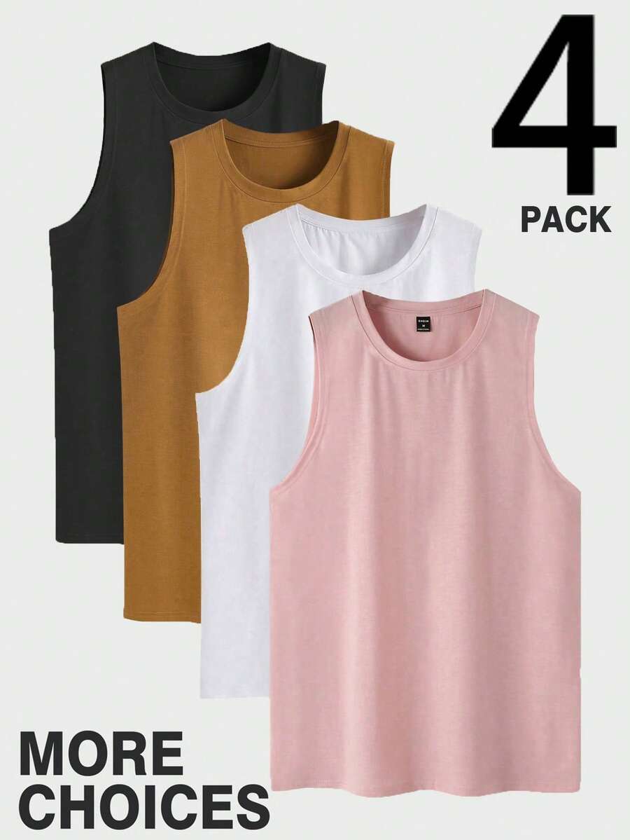 Manfinity Homme Gói 4 chiếc áo ba lỗ cổ tròn màu trơn thường ngày cho nam - Nhiều màu - Xem 1