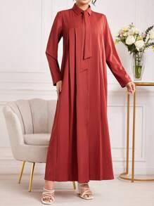 Seusyu 女士實色翻領鈕紐a字裙 - 紅木色 - 查看 6