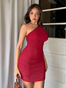 Aloruh 夏季實色單肩緊身連衣裙 - 紅色 - 查看 5
