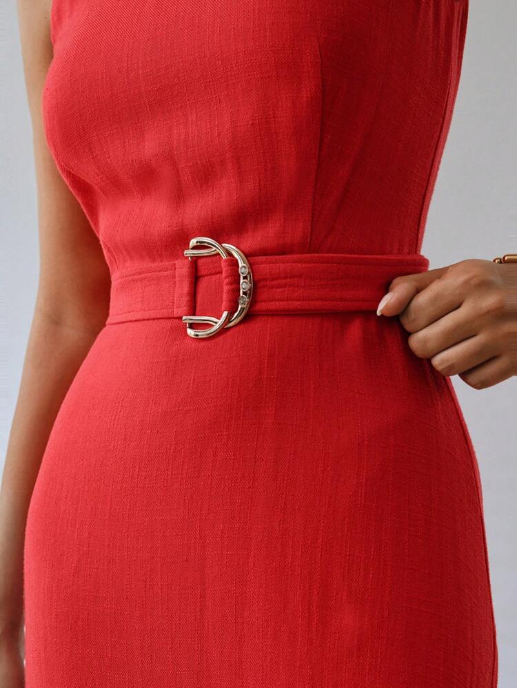 LINEN WOVEN LADIES' RHINESTONE BUCKLE BELTED DRESS