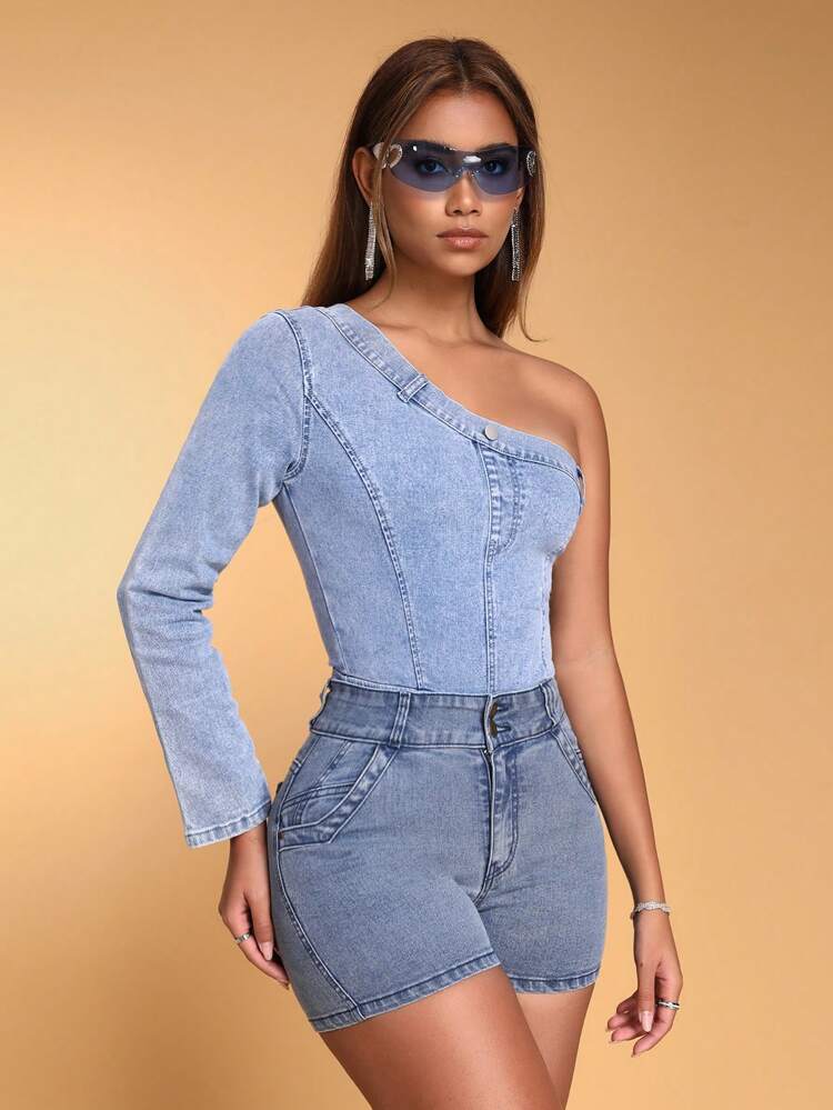Women's One Shoulder Sleeveless Denim Jumpsuit For Spring/Summer