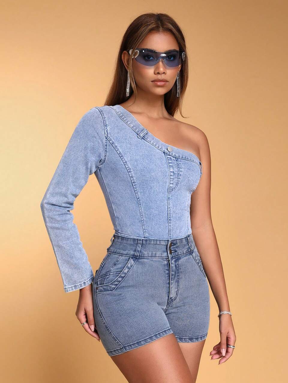 Women's One Shoulder Sleeveless Denim Jumpsuit For Spring/Summer