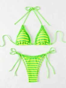 SHEIN Swim Bộ bikini sọc ngang cổ áo mùa hè dành cho nữ dành cho kỳ nghỉ ở bãi biển - màu xanh lá - Xem 3