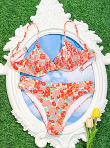 SHEIN Swim Ladies' Floral Print Bandeau Bikini Set With Underwire, Beach Vacation Bikini Set, Non-Shirred, Random Print Summer Beach - Multicolor - View 1