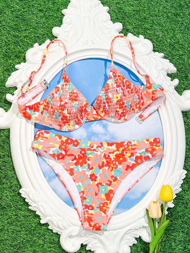 Ladies' Floral Print Bandeau Bikini Set With Underwire, Beach Vacation Bikini Set, Non-Shirred, Random Print Summer Beach