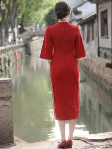 Women's Stand Collar Button Patchwork Fringe Cuff Elegant Qipao Cheongsam Dress - Red - View 2