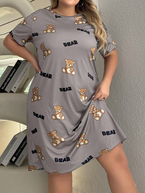 Rochie De Dormire De Vara De Marime Plus Rochie De Pijama Cu Imprimeu Drăguț De Urs și Litere