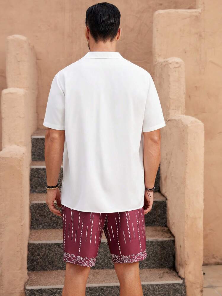 Men's Weave Position Printing Short-Sleeved Shirt And Shorts Set For Summer