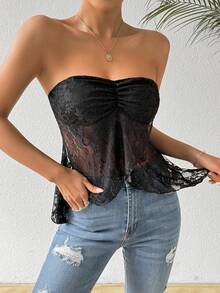 SHEIN Essnce Women Fashionable Black Lace Strapless Top - Black - View 6