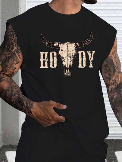 Manfinity LEGND Men's Summer Sports Casual Bull Skull Printed Tank Top, Sleeveless Graphic Black Workout Tank Top