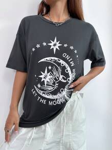 Flirla Camiseta De Manga Corta Con Cuello Redondo Y Patrón De Estrellas Y Lunas, Perfecta Para Usar Durante El Verano
