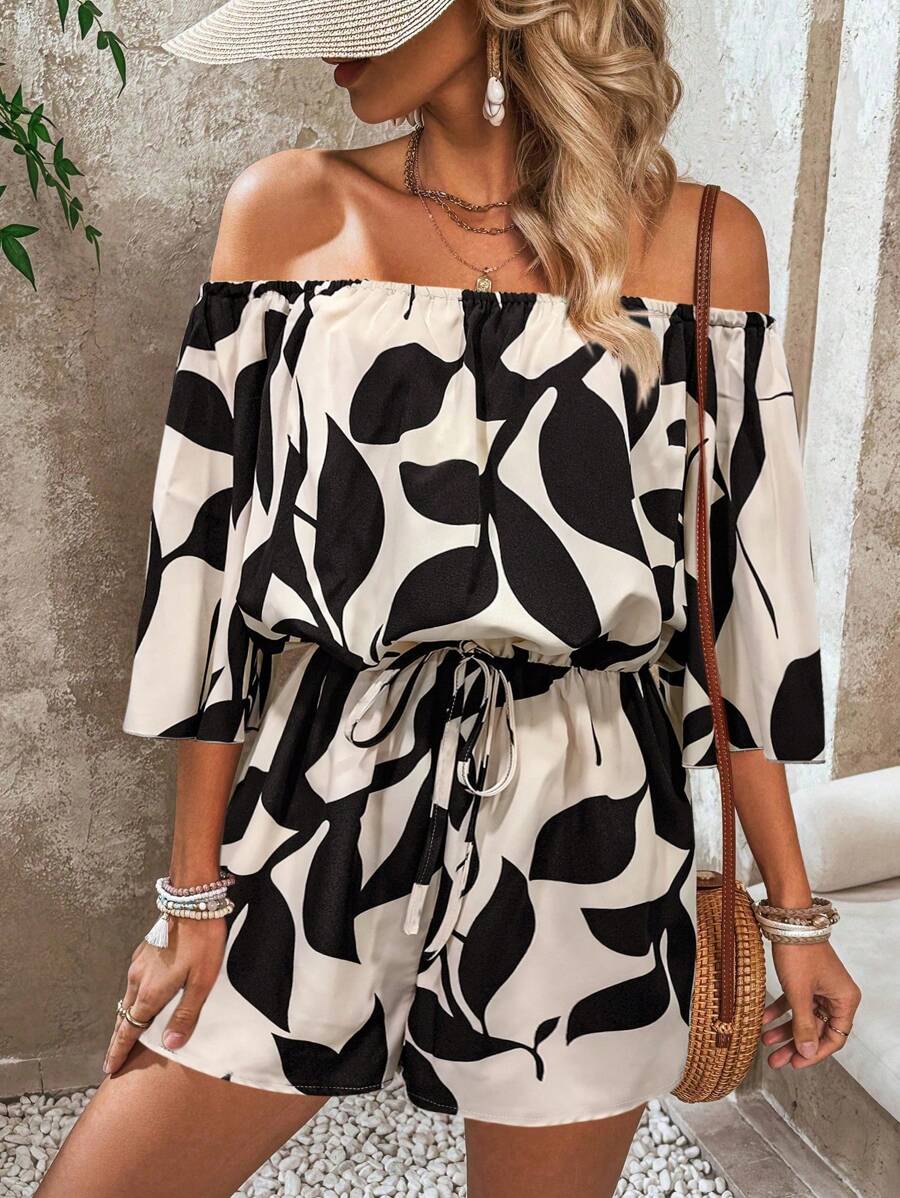Breezaya Resort Casual Off Shoulder Leaf Print Romper For Women - Multicolor - View 1