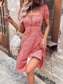 SHEIN Clasi 女性方領泡袖花卉印花假期風春夏裙 - 紅色 - 查看 3